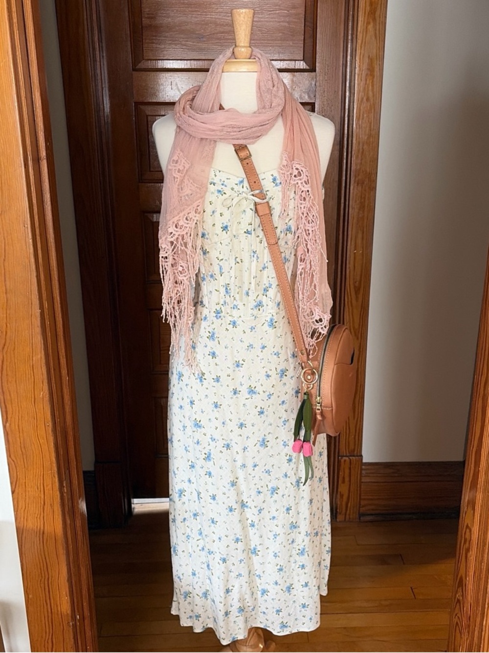 Wild Fable Cream Midi Dress with Blue Floral Print